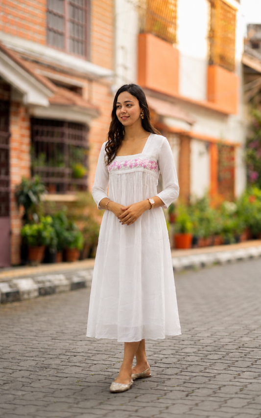 White viscose organza Aline kurti with heavy hand worked yoke MBS-1191 - Three fourth sleeves