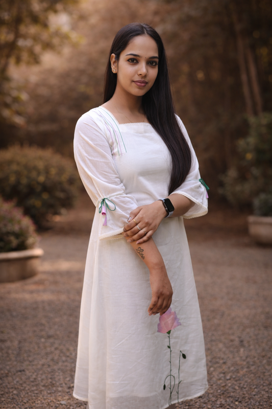 Off white mul chanderi A-line kurti/dress with single floral thread motif on hemline and anchor thread detailing on yoke MBS-849