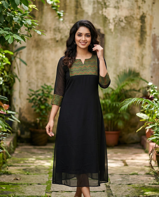 Black georgette Aline kurti with yellow modal silk yoke MBS-1159 **Ready to dispatch**