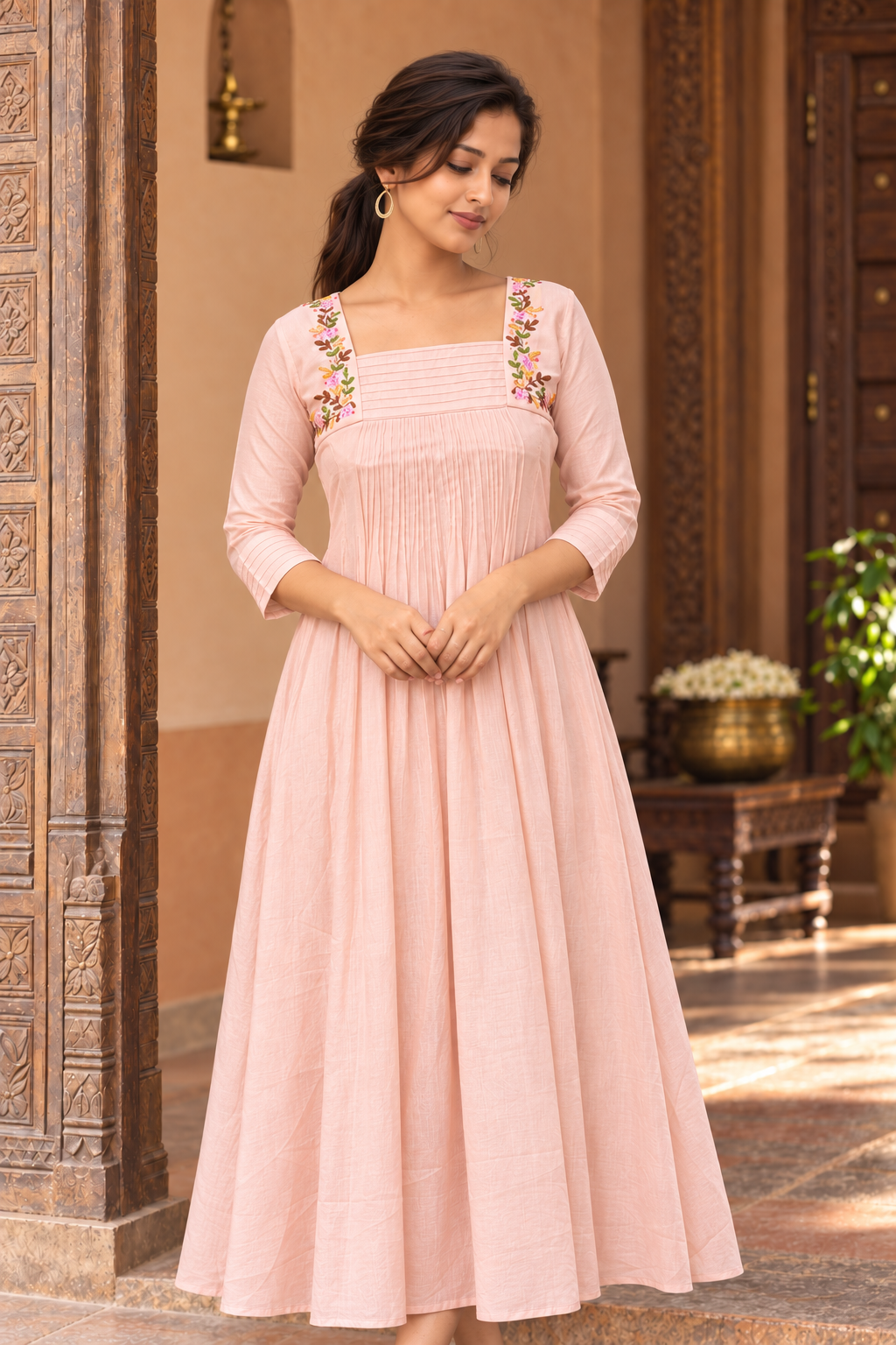 Peach blush shaded georgette organza Aline kurti with hand embroidery detailed yoke MBS-1492 **Ready to dispatch**