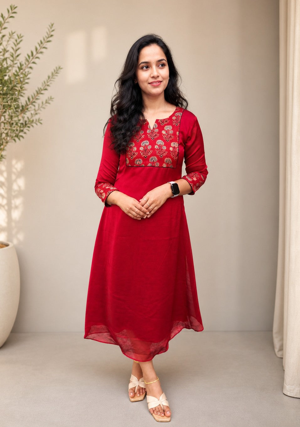 Reddish meroon silky georgette A-line kurti with printed modal silk yoke MBS-1042 **Ready to dispatch**