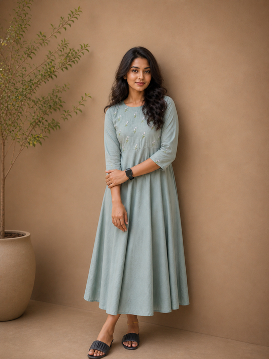 Pastel teal green shaded cotton slub kurti/ dress with floral thread embroidered panel cut yoke MBS-1019
