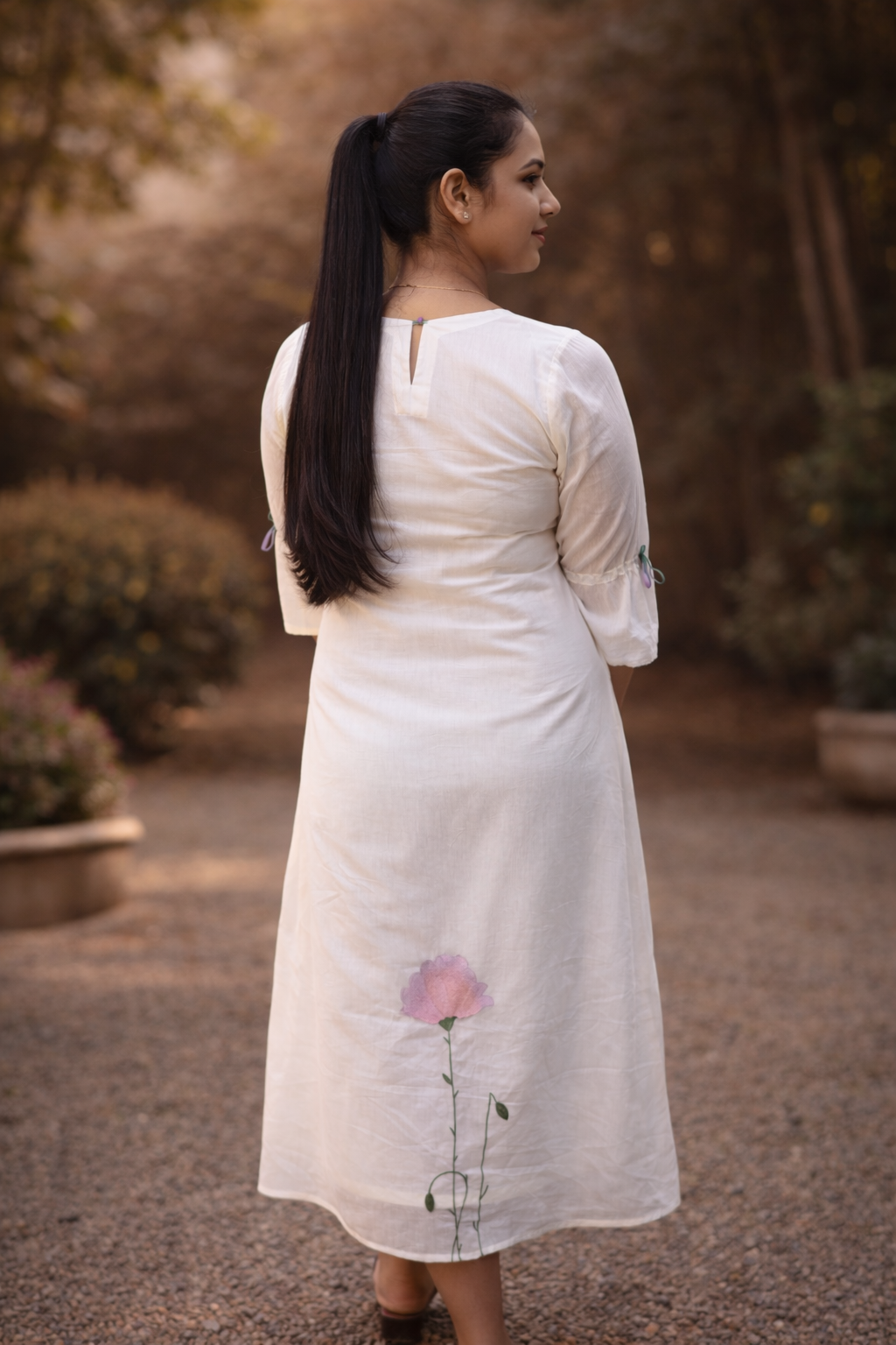 Off white mul chanderi A-line kurti/dress with single floral thread motif on hemline and anchor thread detailing on yoke MBS-849 **last piece sale** **Ready to dispatch**