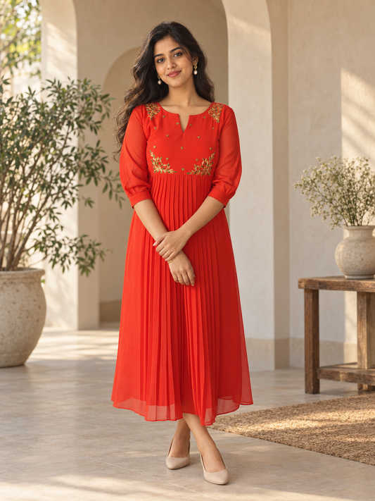 Rust orange georgette Aline kurti with hand embroidery on yoke MBS-1445 **Ready to dispatch**