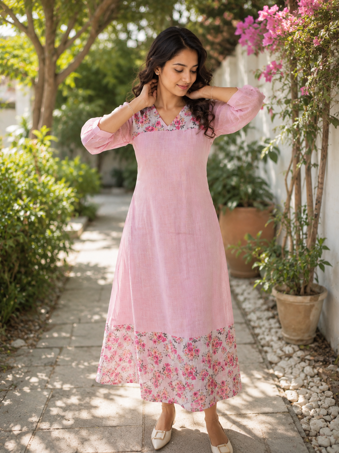 Pastel Pink shaded semi linen Aline kurti with floral printed yoke and hemline MBS-1332 **Ready to dispatch**