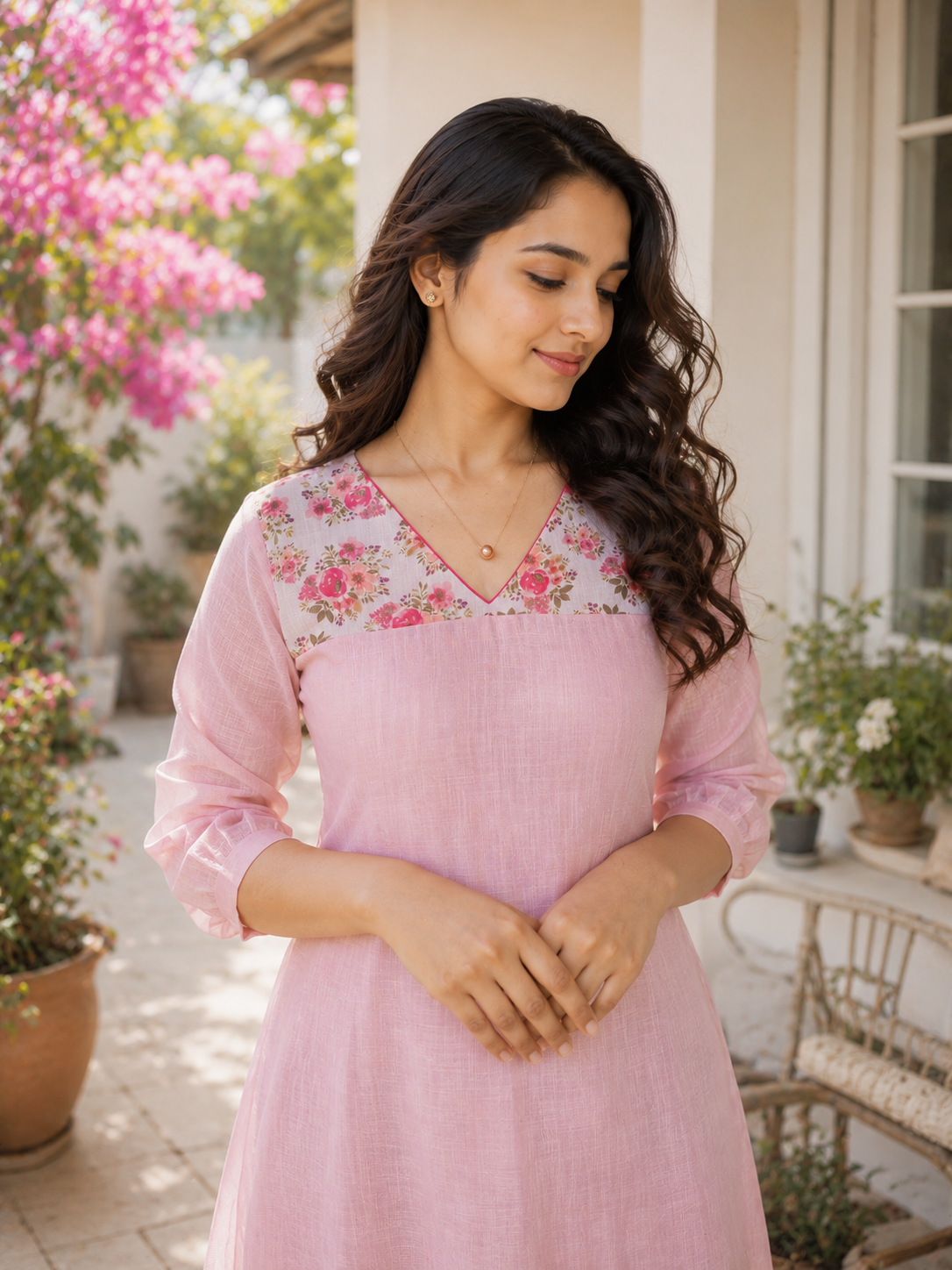 Pastel Pink shaded semi linen Aline kurti with floral printed yoke and hemline MBS-1332 **Ready to dispatch**