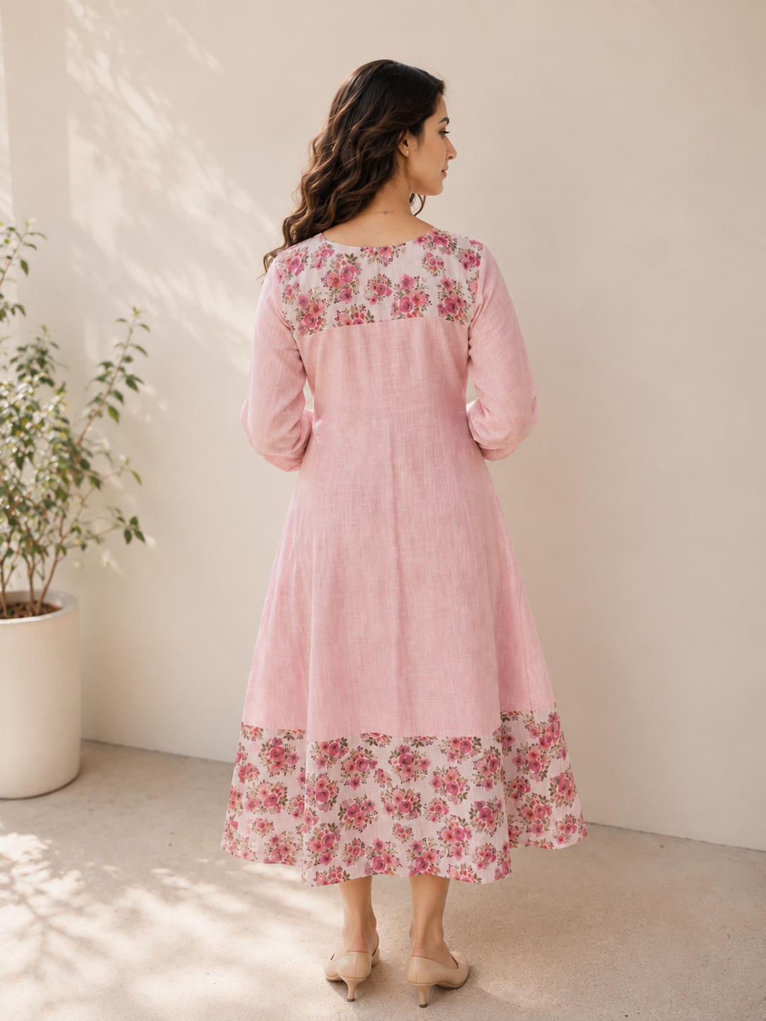 Pastel Pink shaded semi linen Aline kurti with floral printed yoke and hemline MBS-1332 **Ready to dispatch**