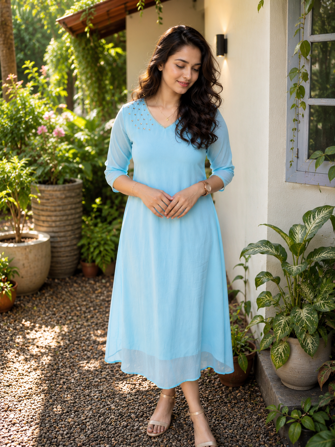 Sky blue shaded georgette Aline kurti with mirror worked yoke MBS-1353 **Ready to dispatch**