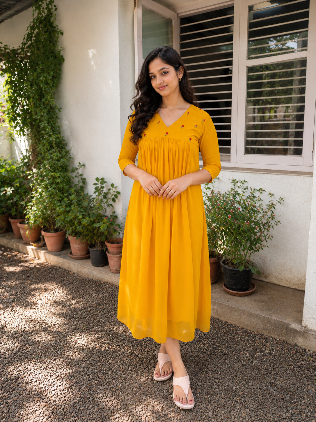 Yellow georgette Aline kurti with floral embroidered yoke MBS-1359 **Ready to dispatch**