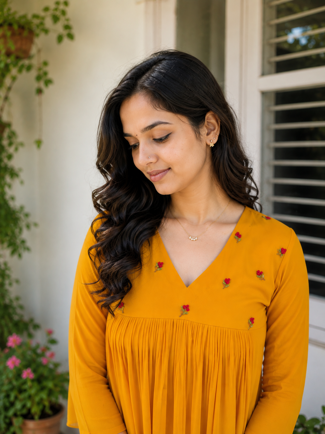 Yellow georgette Aline kurti with floral embroidered yoke MBS-1359 **Ready to dispatch**