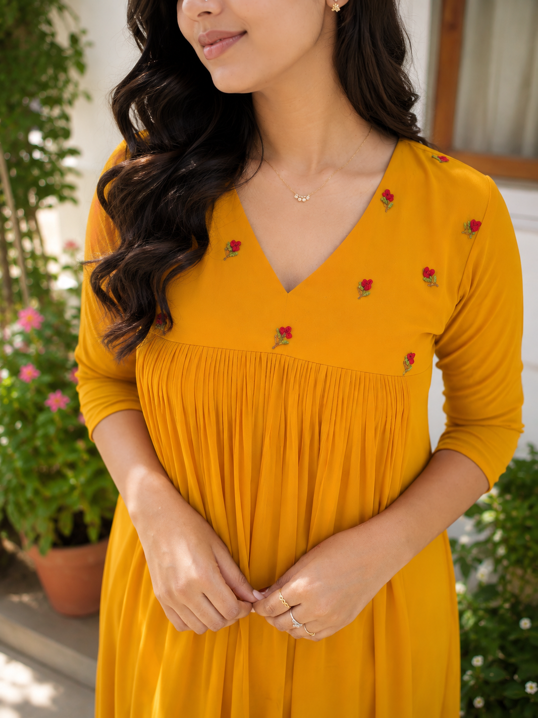 Yellow georgette Aline kurti with floral embroidered yoke MBS-1359 **Ready to dispatch**