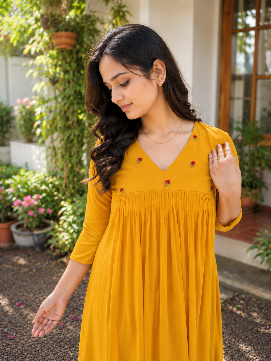 Yellow georgette Aline kurti with floral embroidered yoke MBS-1359 **Ready to dispatch**