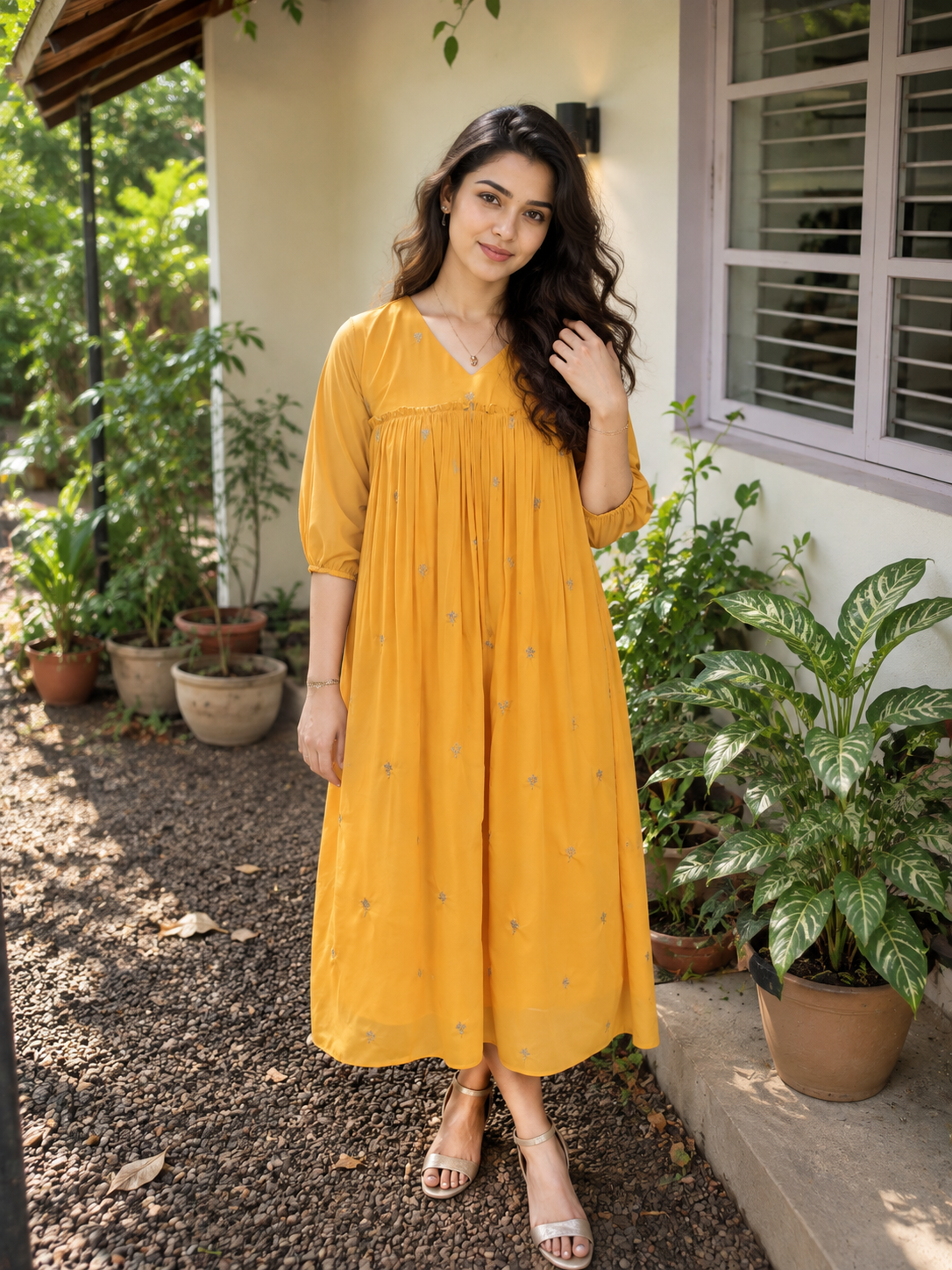 Yellow georgette Aline kurti with zari thread floral embroidery detailings MBS-1346 **Ready to dispatch**