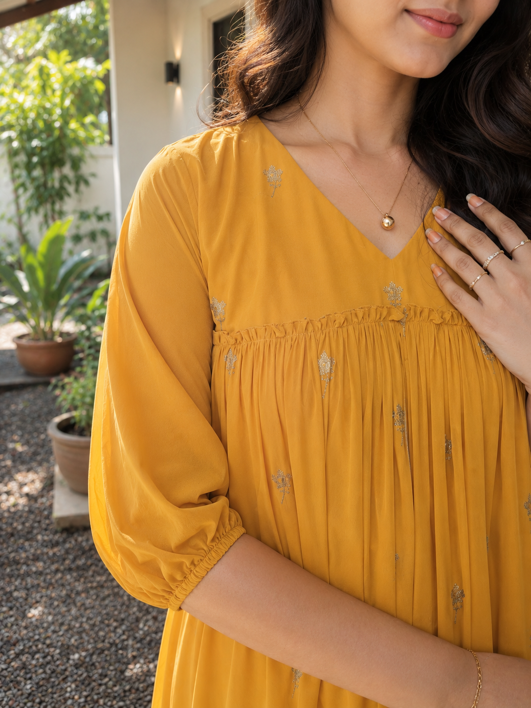 Yellow georgette Aline kurti with zari thread floral embroidery detailings MBS-1346 **Ready to dispatch**