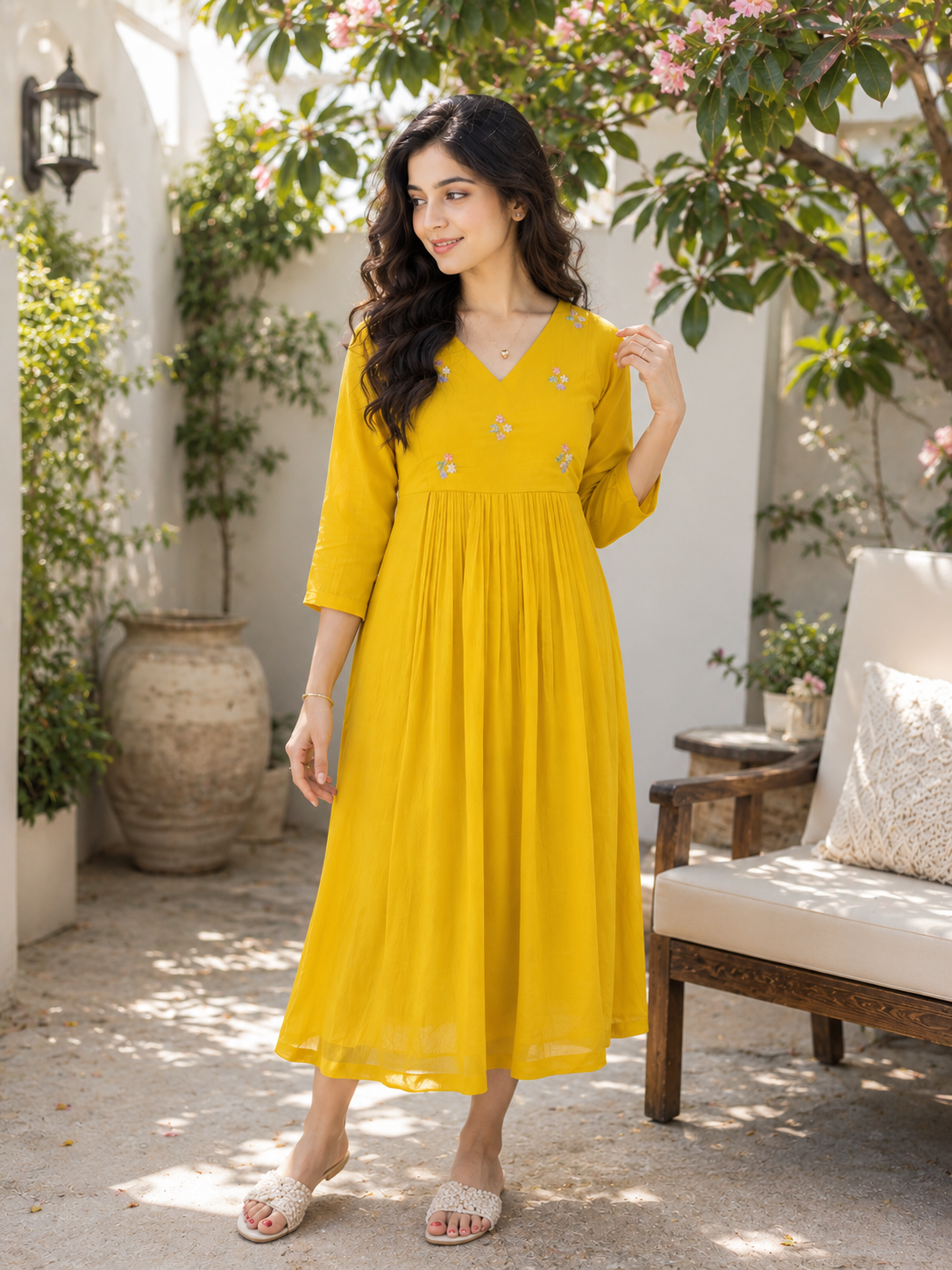 Lemon yellow georgette Aline kurti with handworked yoke MBS-1357 **Ready to dispatch**