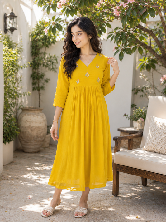 Lemon yellow georgette Aline kurti with handworked yoke MBS-1357 **Ready to dispatch**