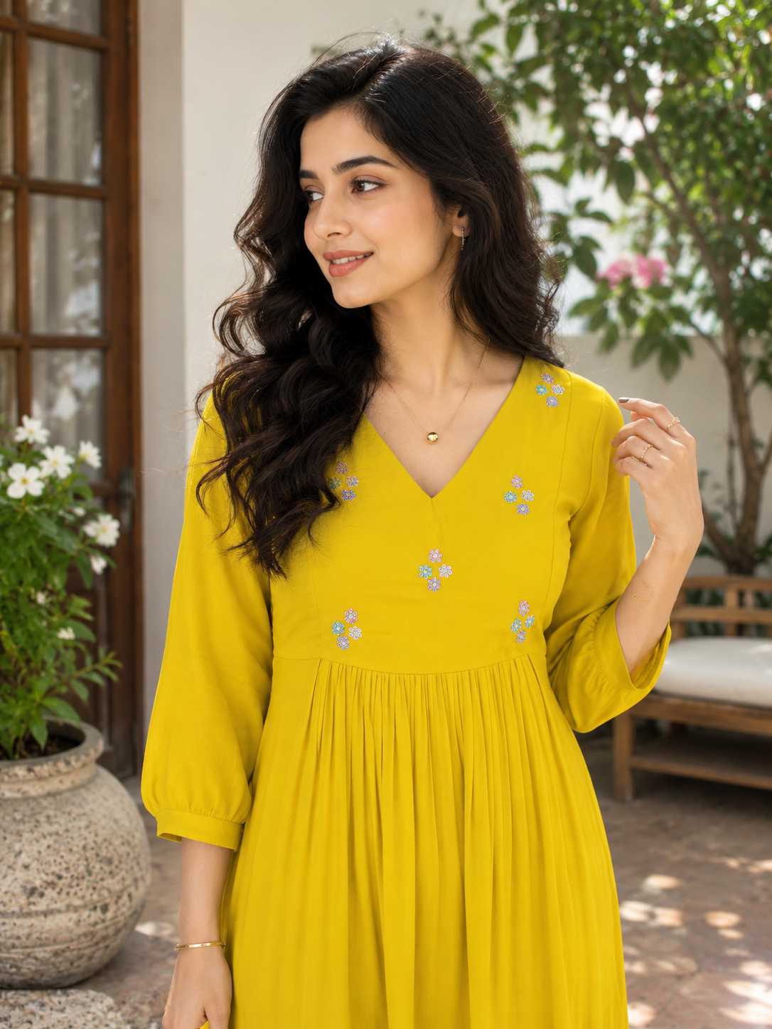 Lemon yellow georgette Aline kurti with handworked yoke MBS-1357 **Ready to dispatch**