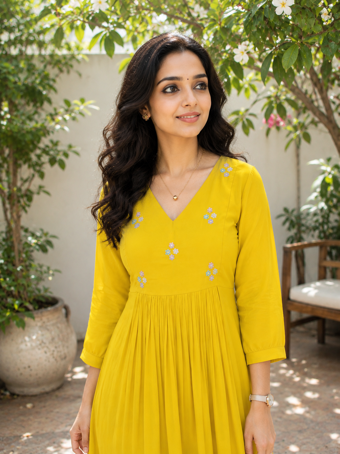 Lemon yellow georgette Aline kurti with handworked yoke MBS-1357 **Ready to dispatch**