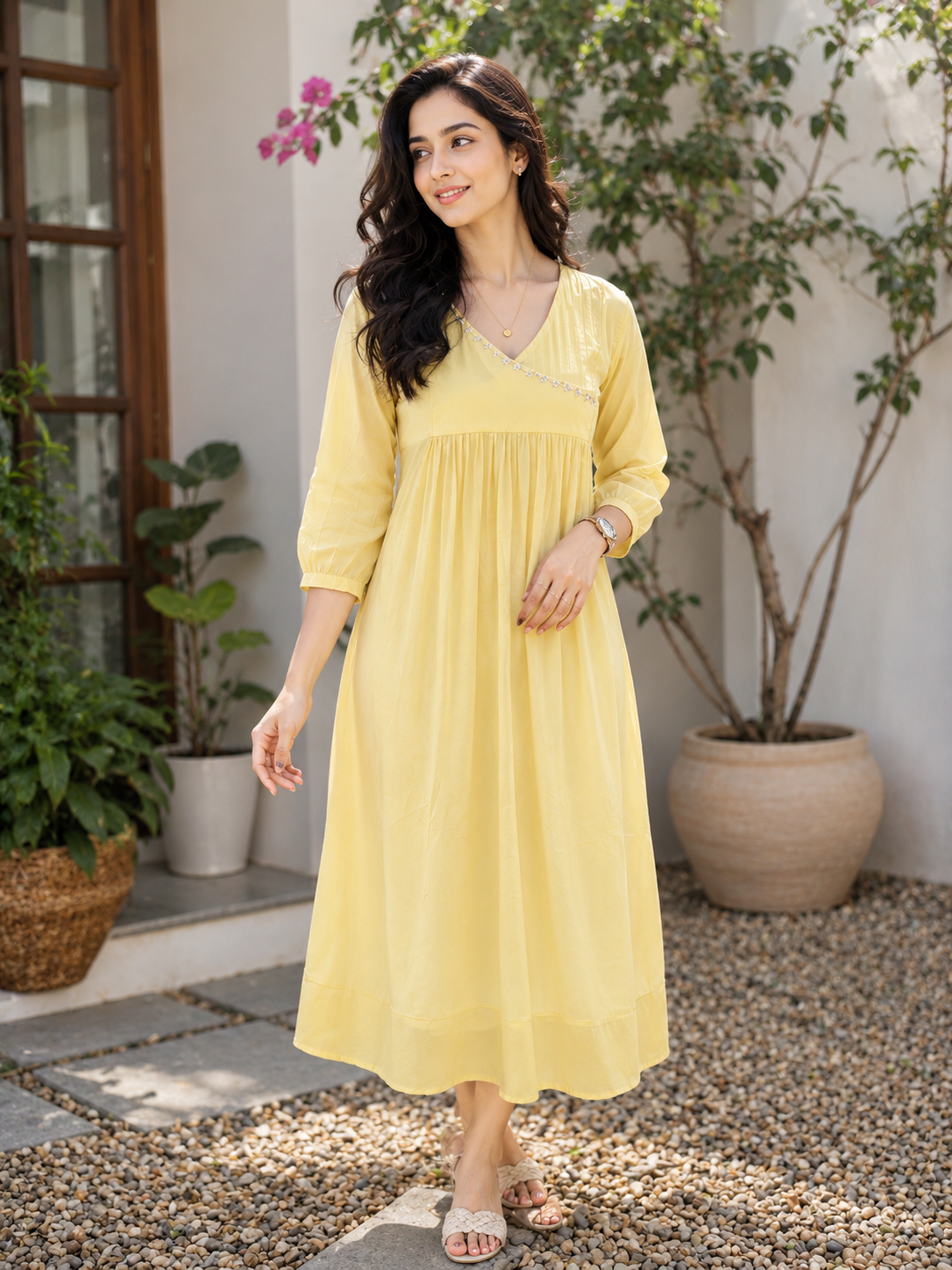 Yellow shaded reyon cotton Aline kurti with handworked yoke MBS-1344 **Ready to dispatch**