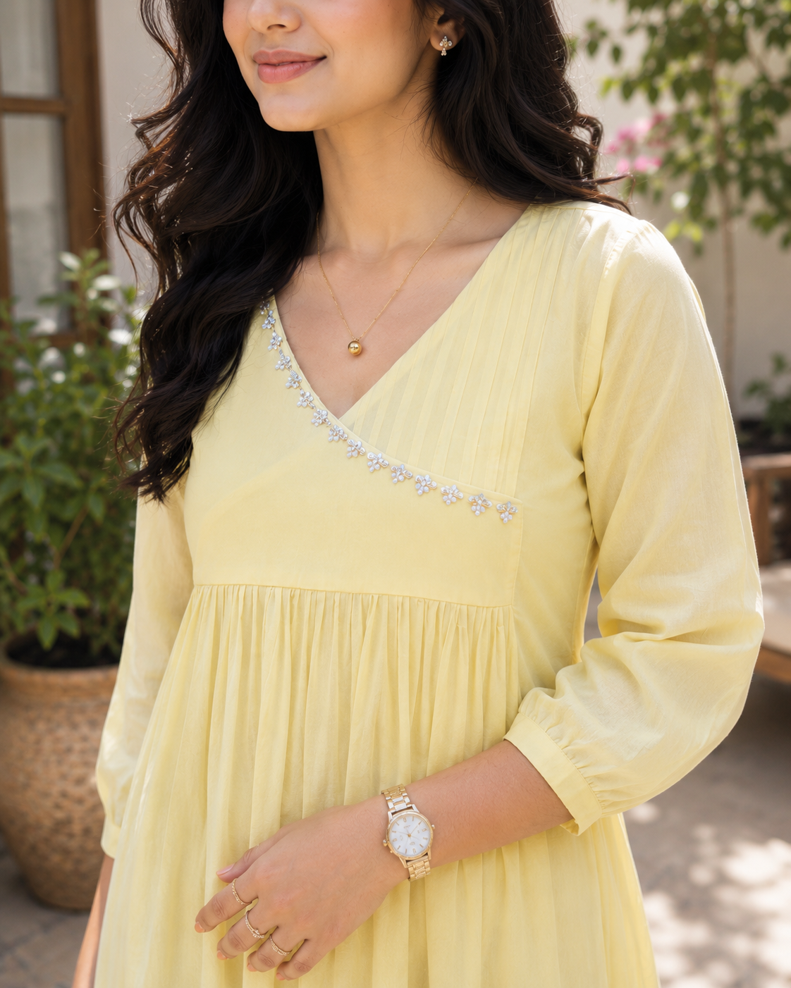 Yellow shaded reyon cotton Aline kurti with handworked yoke MBS-1344 **Ready to dispatch**