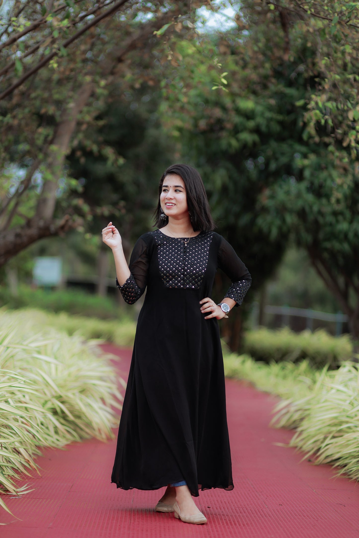 Black georgette Aline Kurti with designer yoke