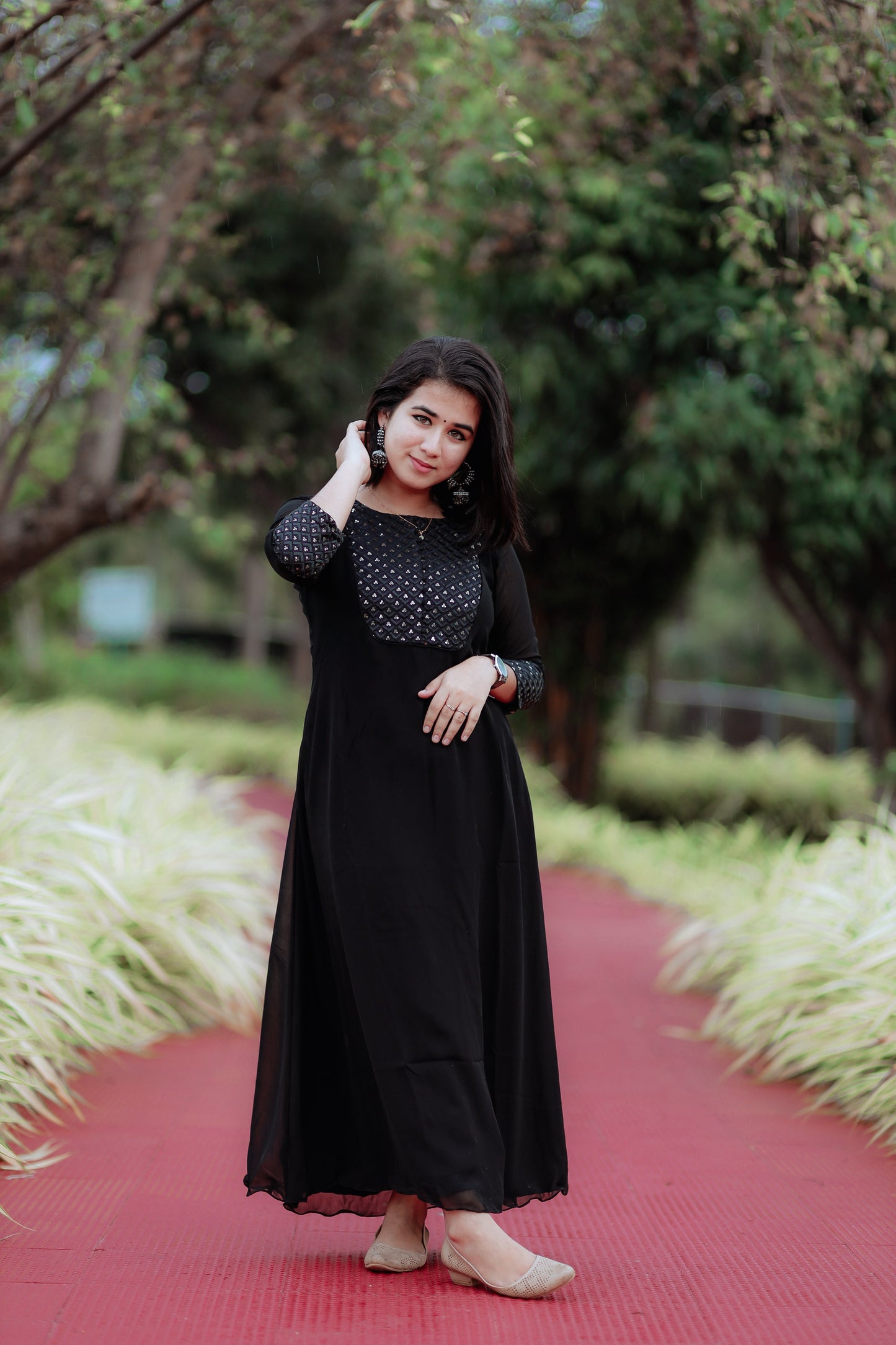 Black georgette Aline Kurti with designer yoke