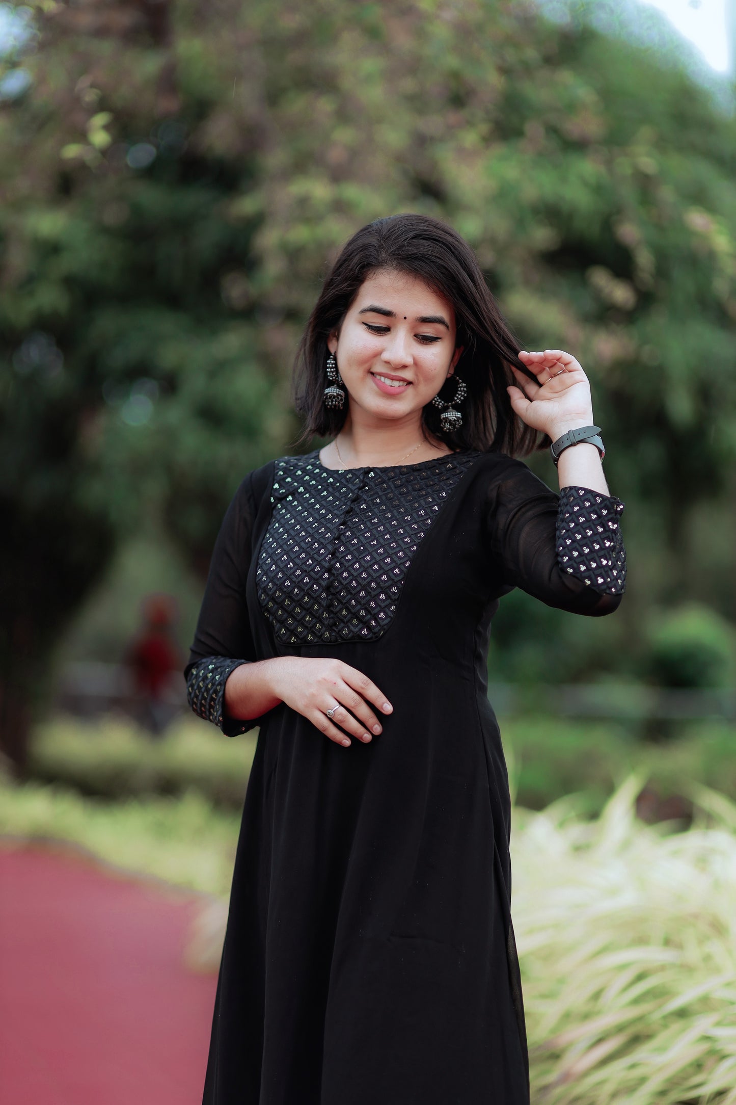 Black georgette Aline Kurti with designer yoke