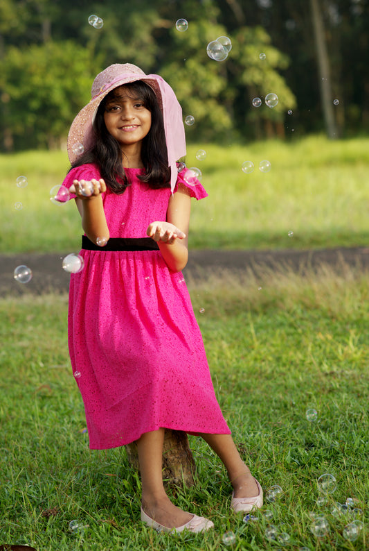 Kids lace frock in Rani pink shade