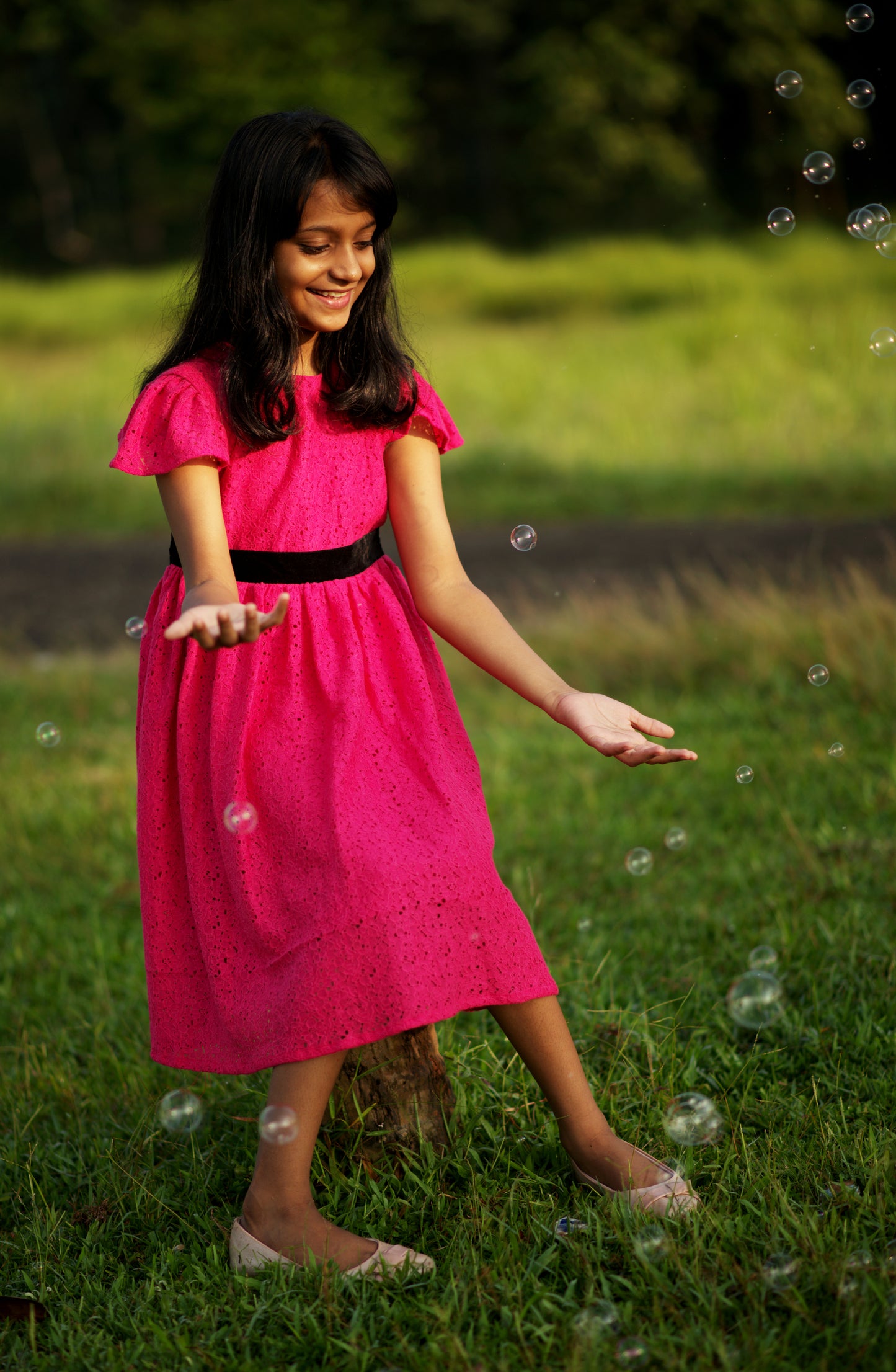 Kids lace frock in Rani pink shade