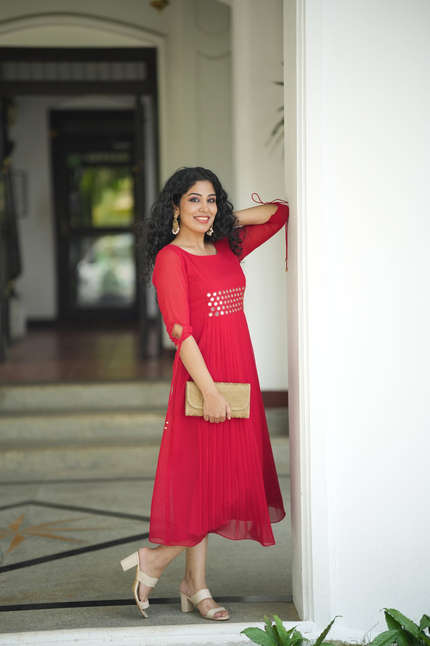Red blooming georgette Aline kurti with mirror embroidery