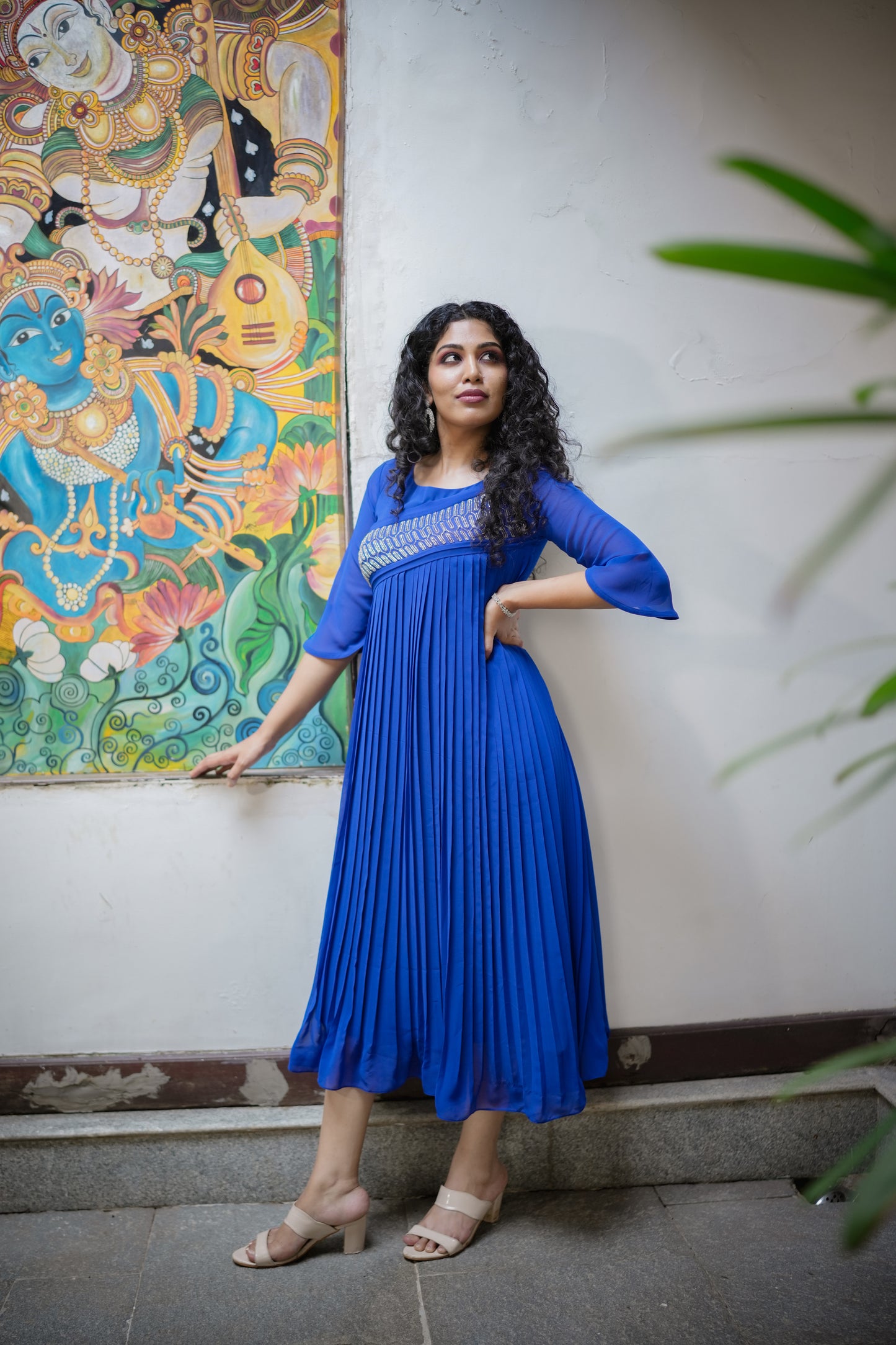 Royal blue georgette Aline kurti with hand embroidery