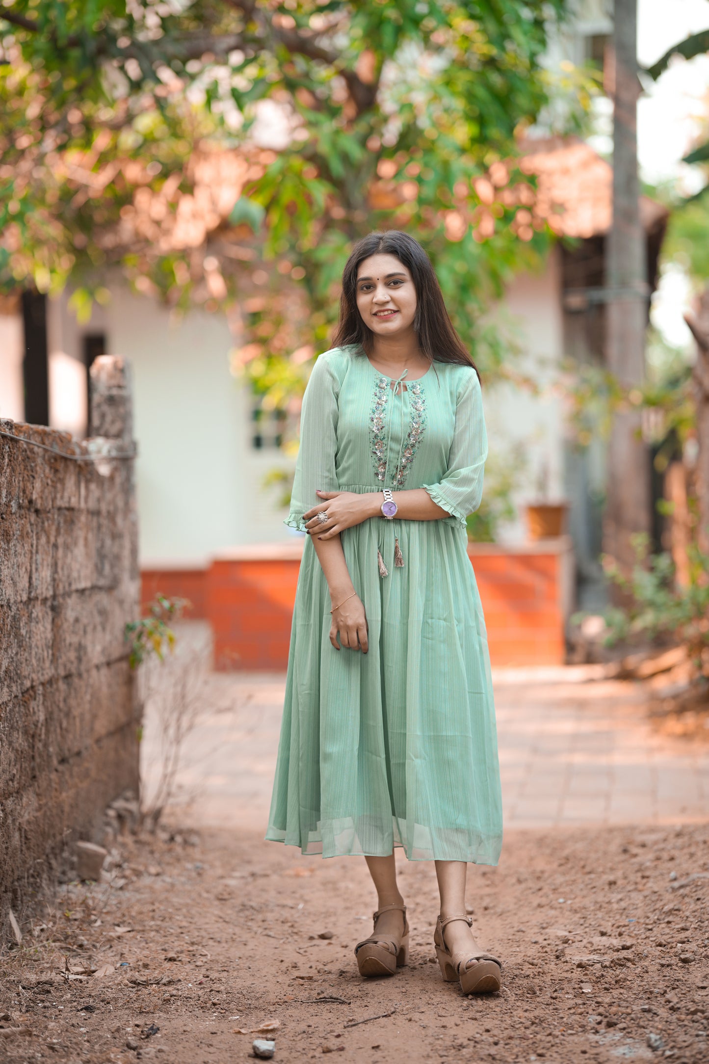 Self lined georgette Aline kurti with handwork in Mint green shade MBS-R18
