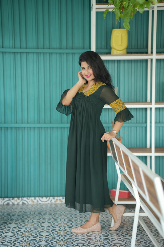 Bottle green georgette kurti with Ajrakh handwork and gathers