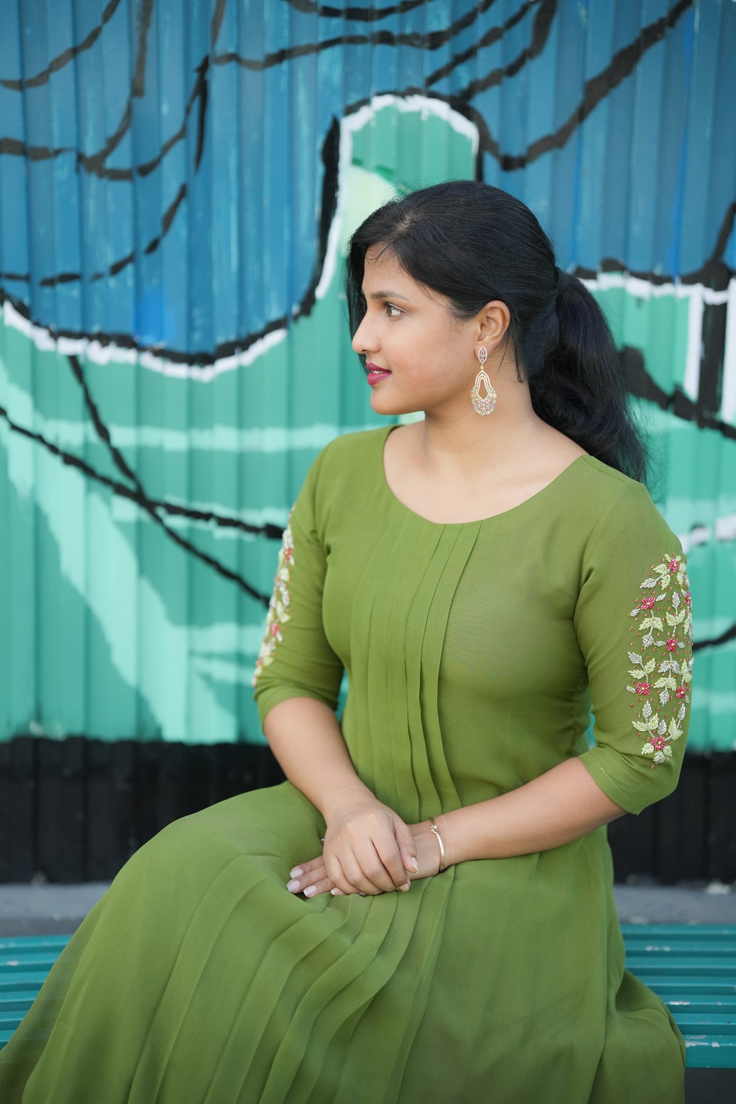 Georgette kurti with pleats and handwork in green gram shade