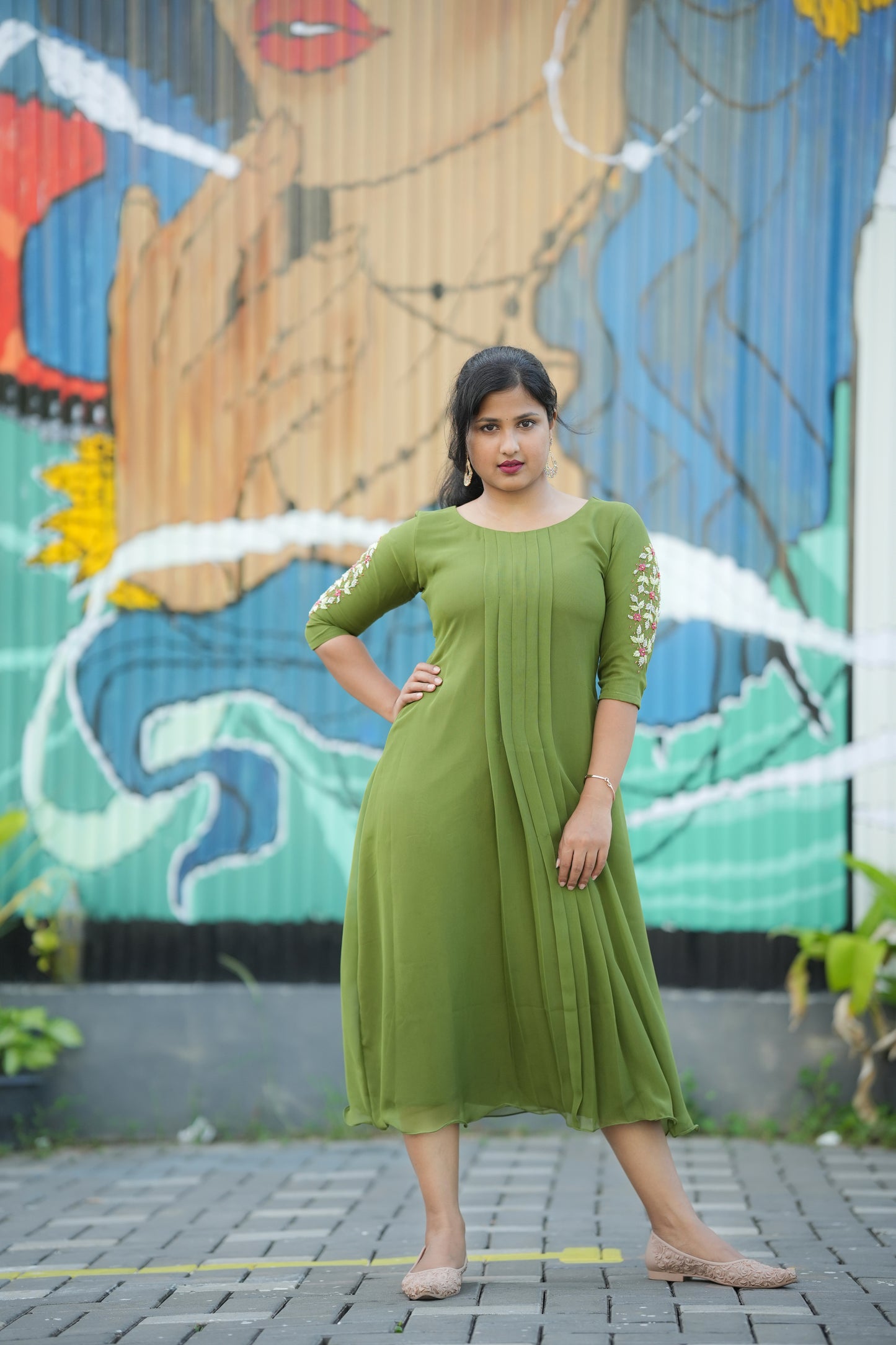 Georgette kurti with pleats and handwork in green gram shade