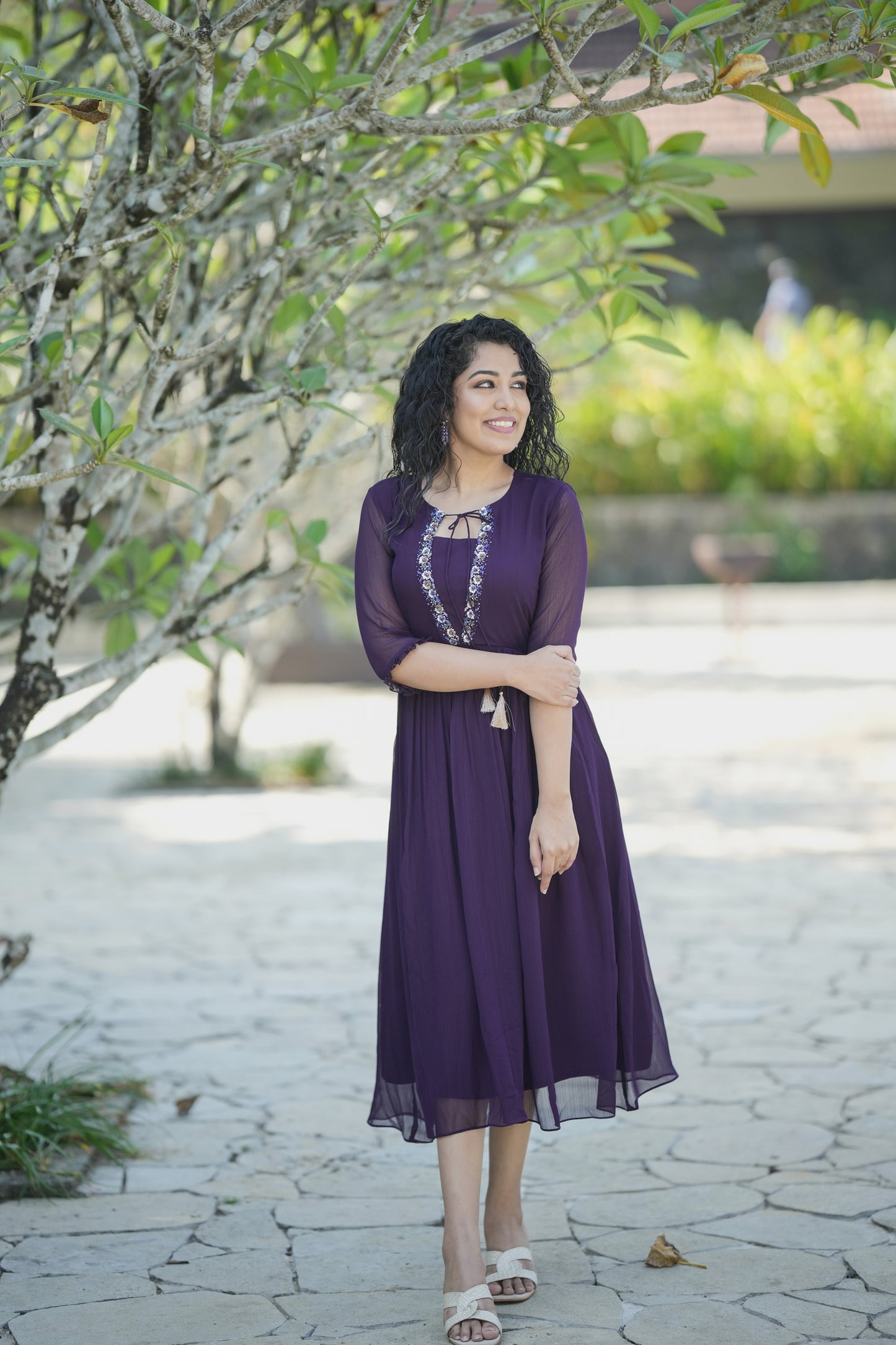 Grape purple self lined georgette Aline kurti with handwork