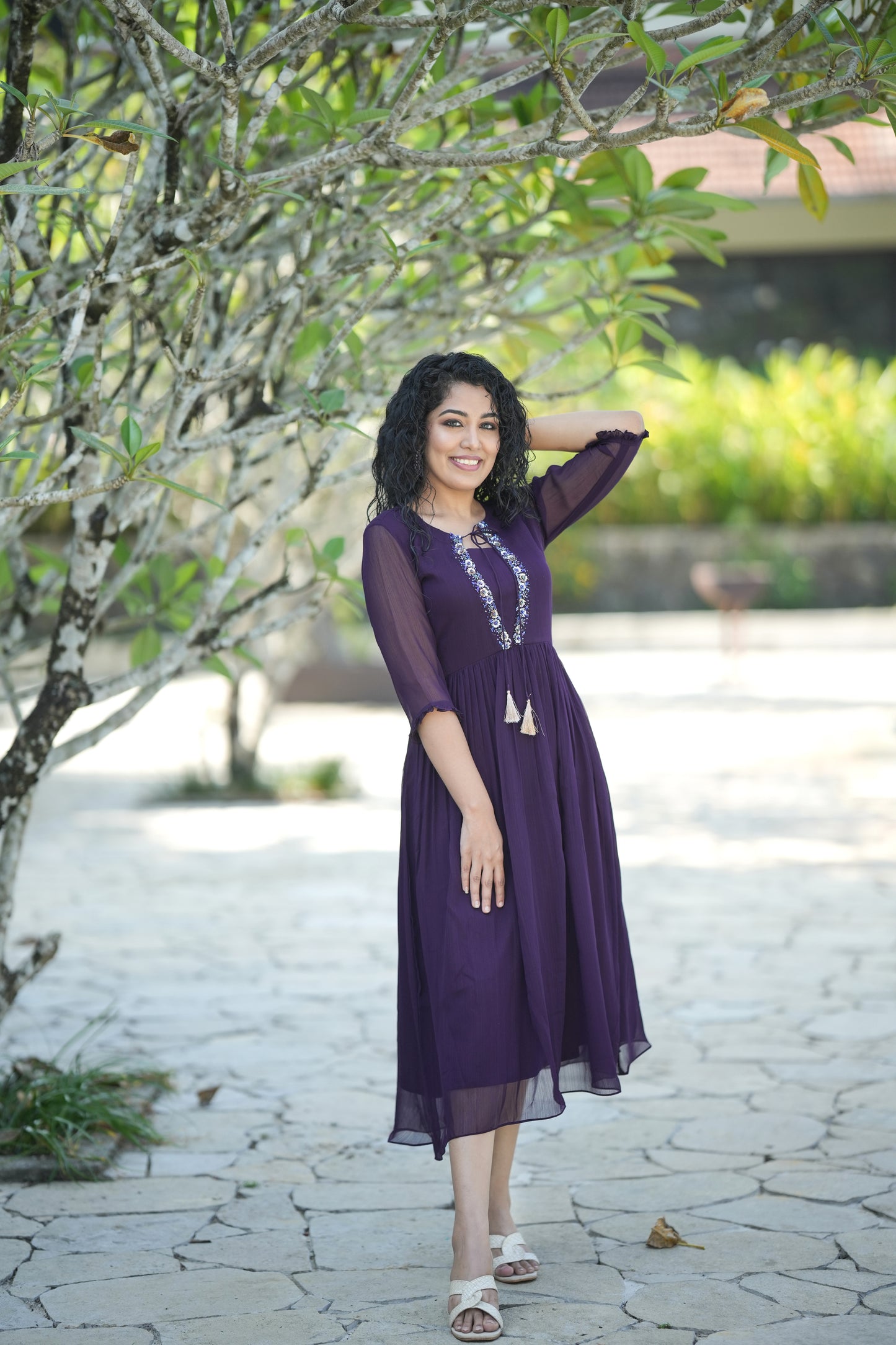 Grape purple self lined georgette Aline kurti with handwork