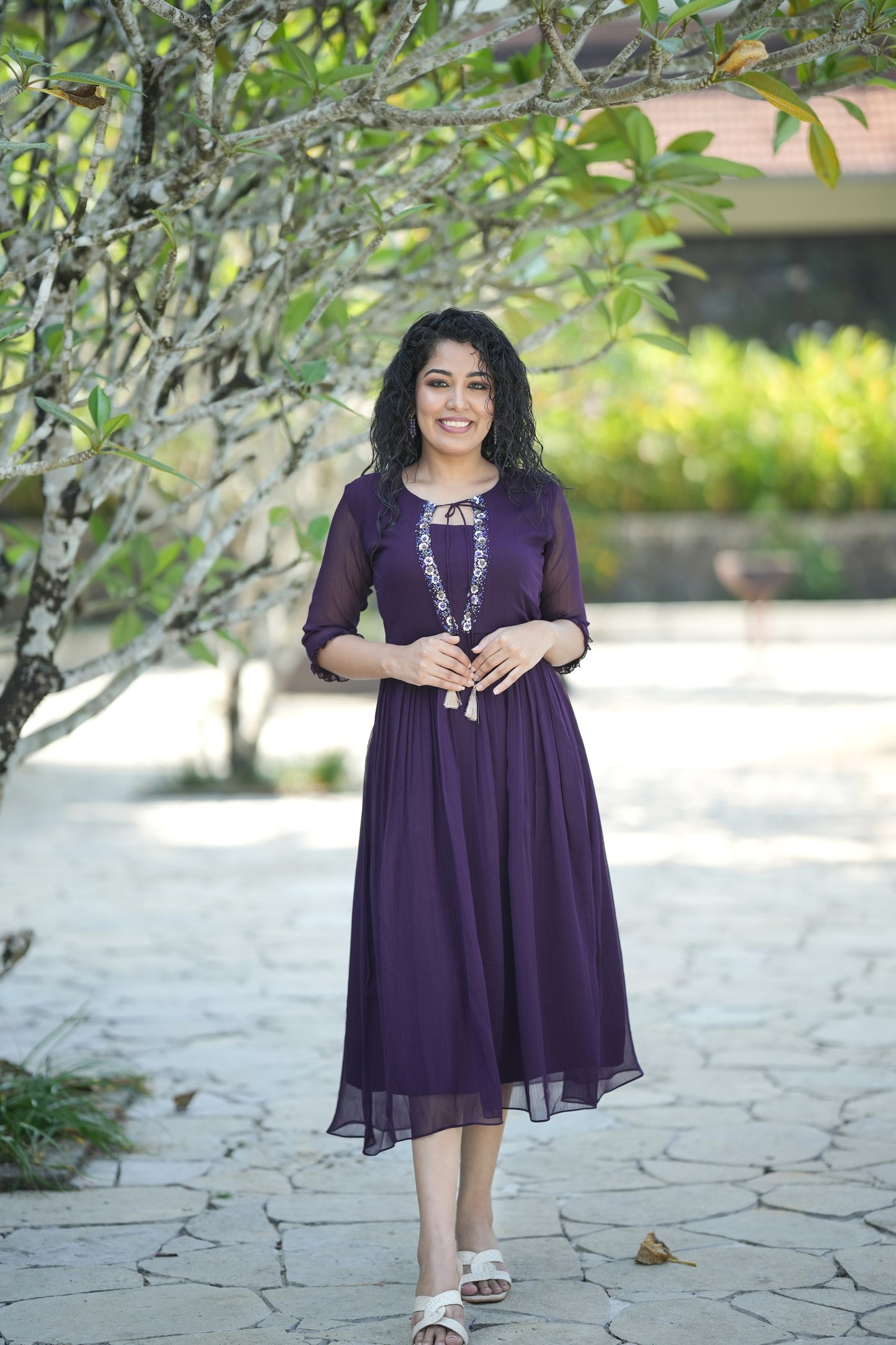 Grape purple self lined georgette Aline kurti with handwork