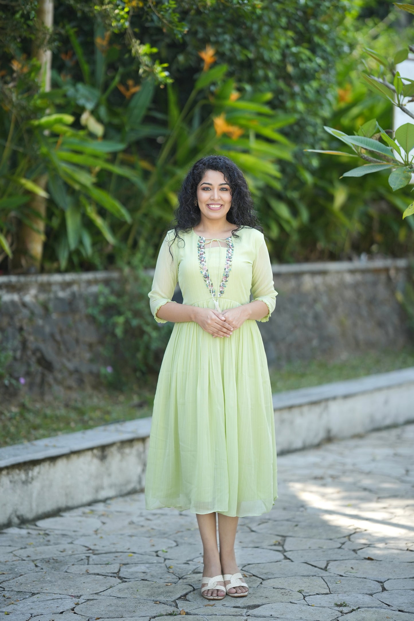 Greenish yellow self lined georgette Aline kurti with handwork