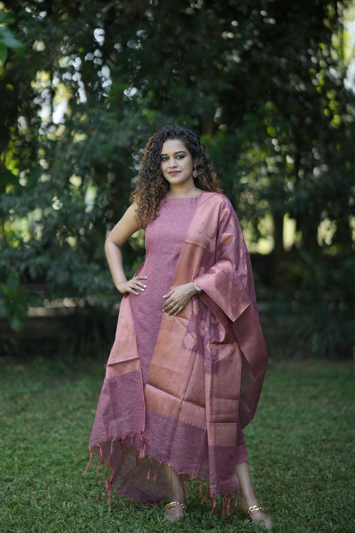 Khadi jute (weaved with golden zari) sleeveless cotton kurti with broc –