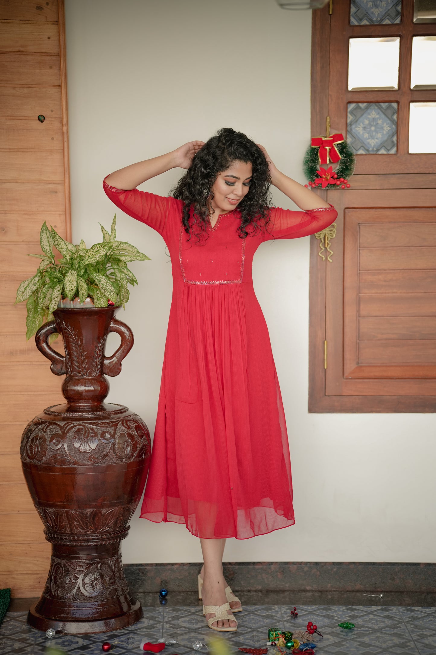 Red self lined georgette Aline kurti with handworked yoke and gathers