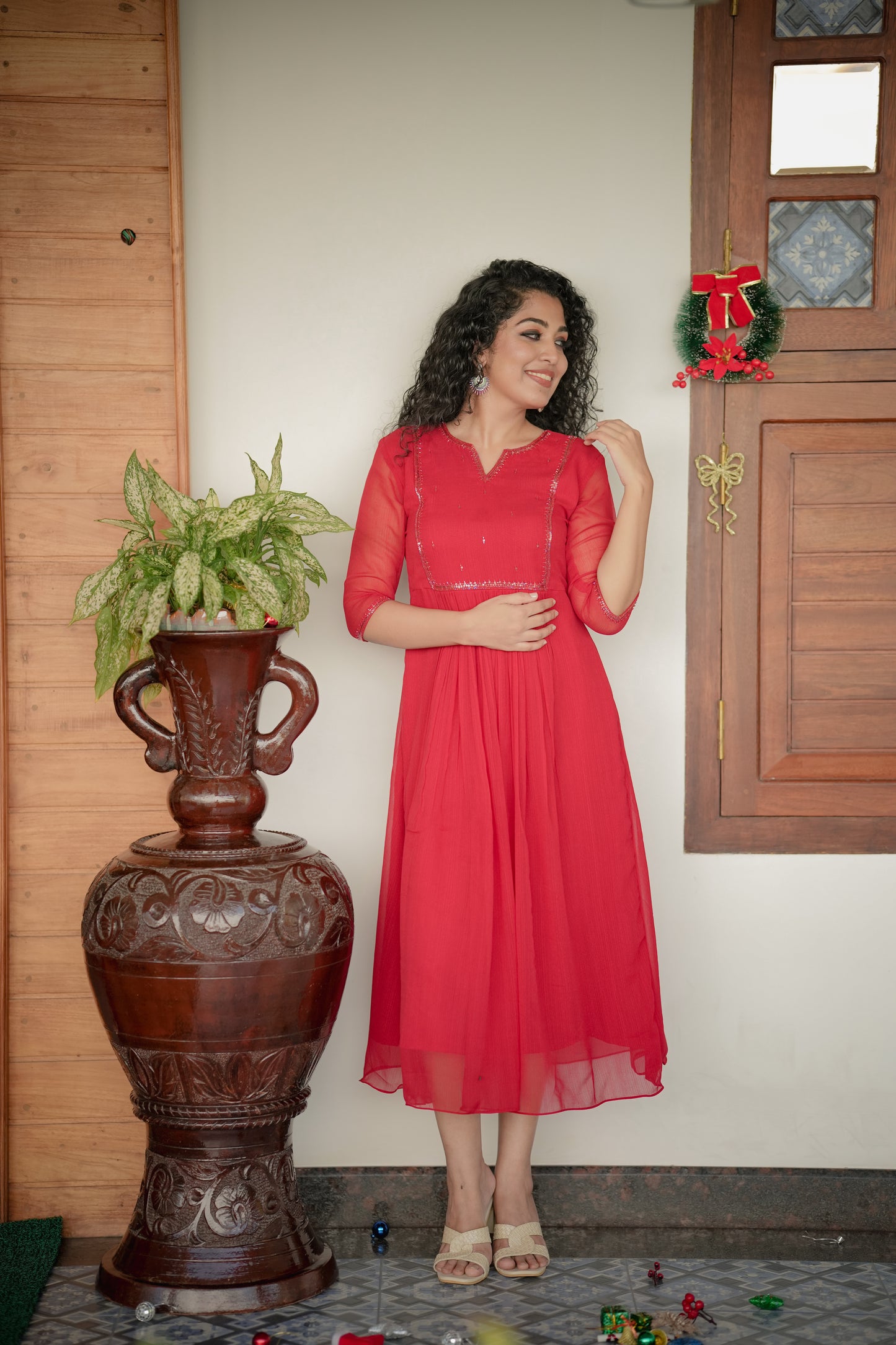 Red self lined georgette Aline kurti with handworked yoke and gathers