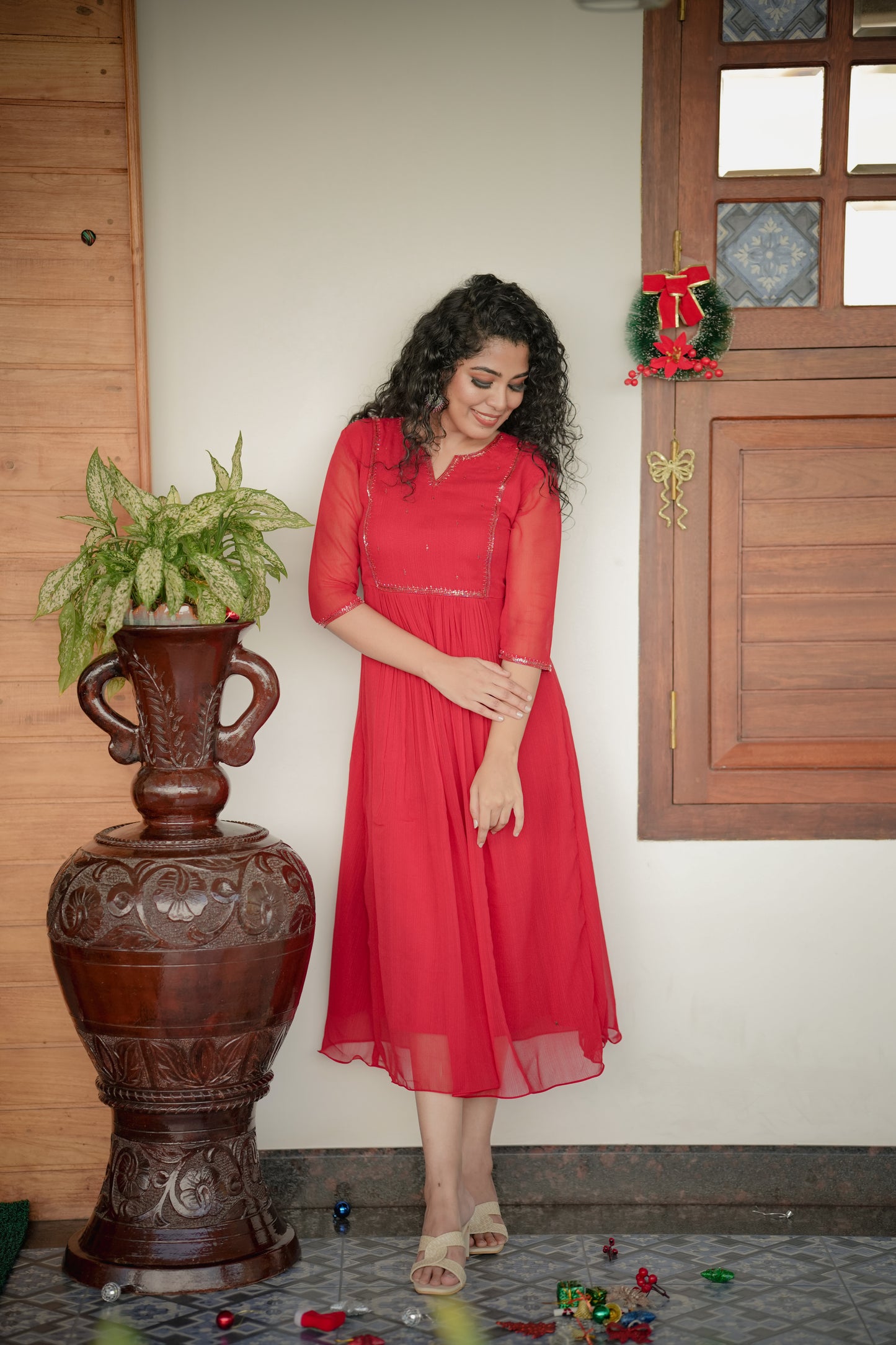 Red self lined georgette Aline kurti with handworked yoke and gathers