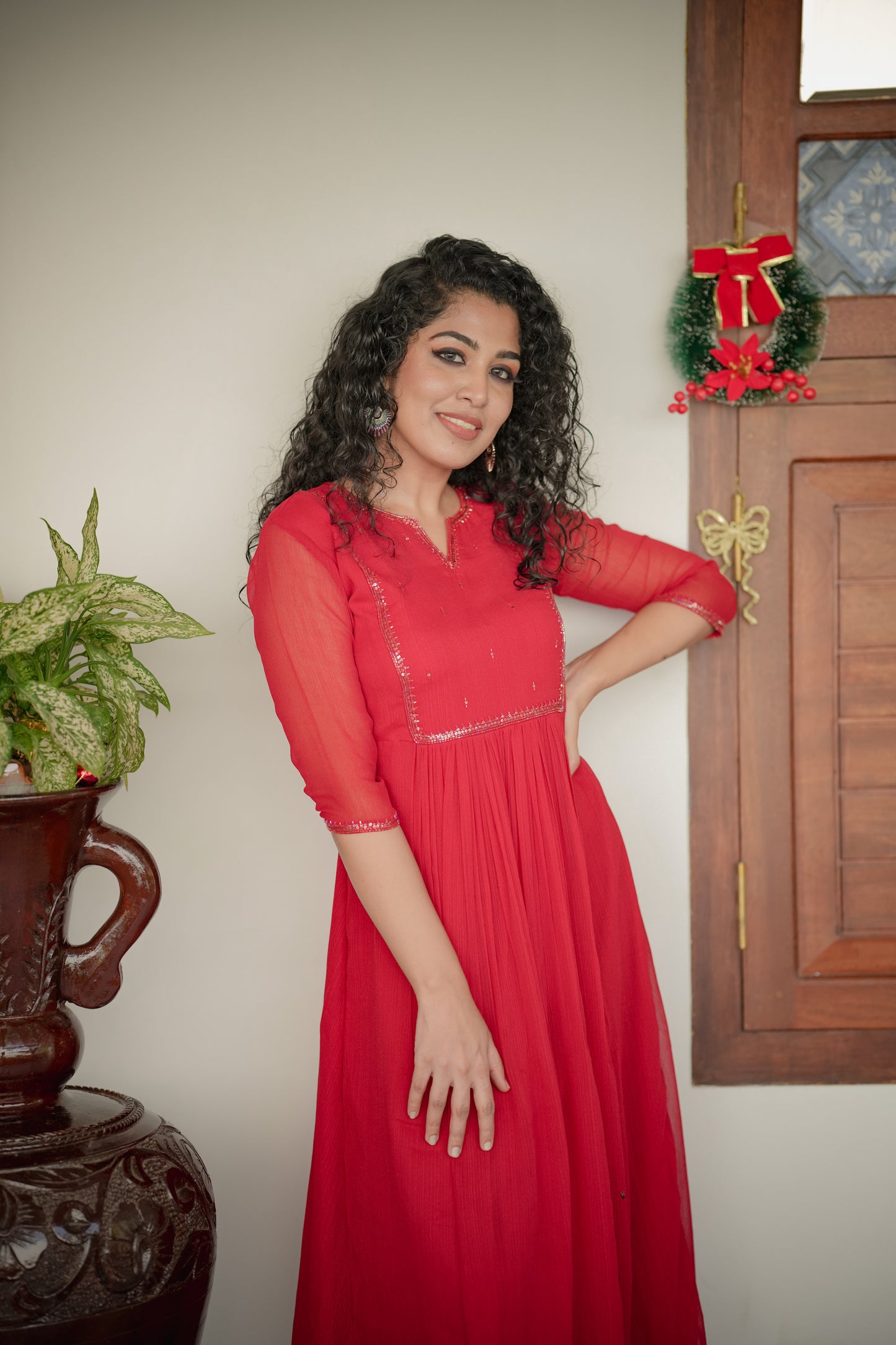 Red self lined georgette Aline kurti with handworked yoke and gathers