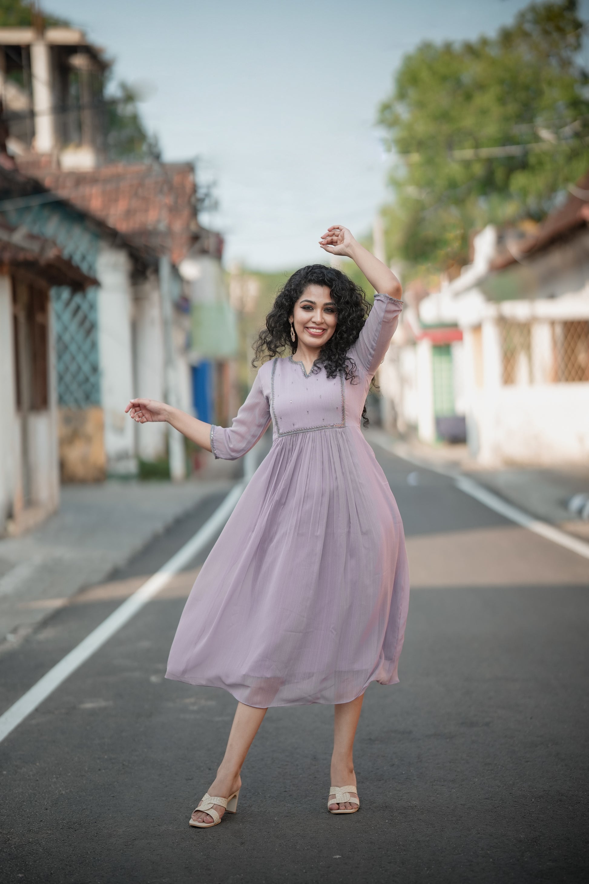 Lavender shaded self lined georgette Aline kurti with handworked yoke 