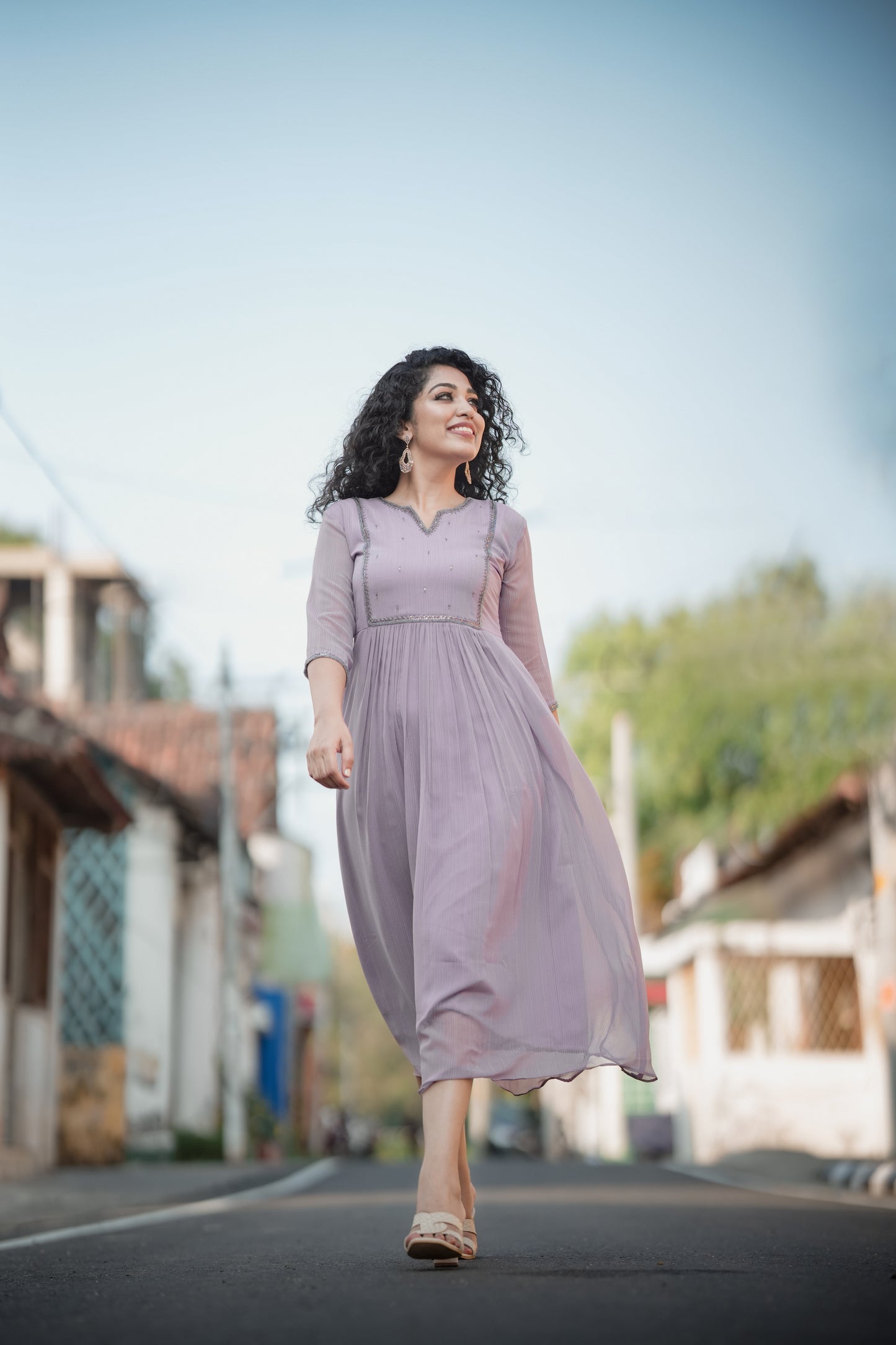 Lavender shaded self lined georgette Aline kurti with handworked yoke 