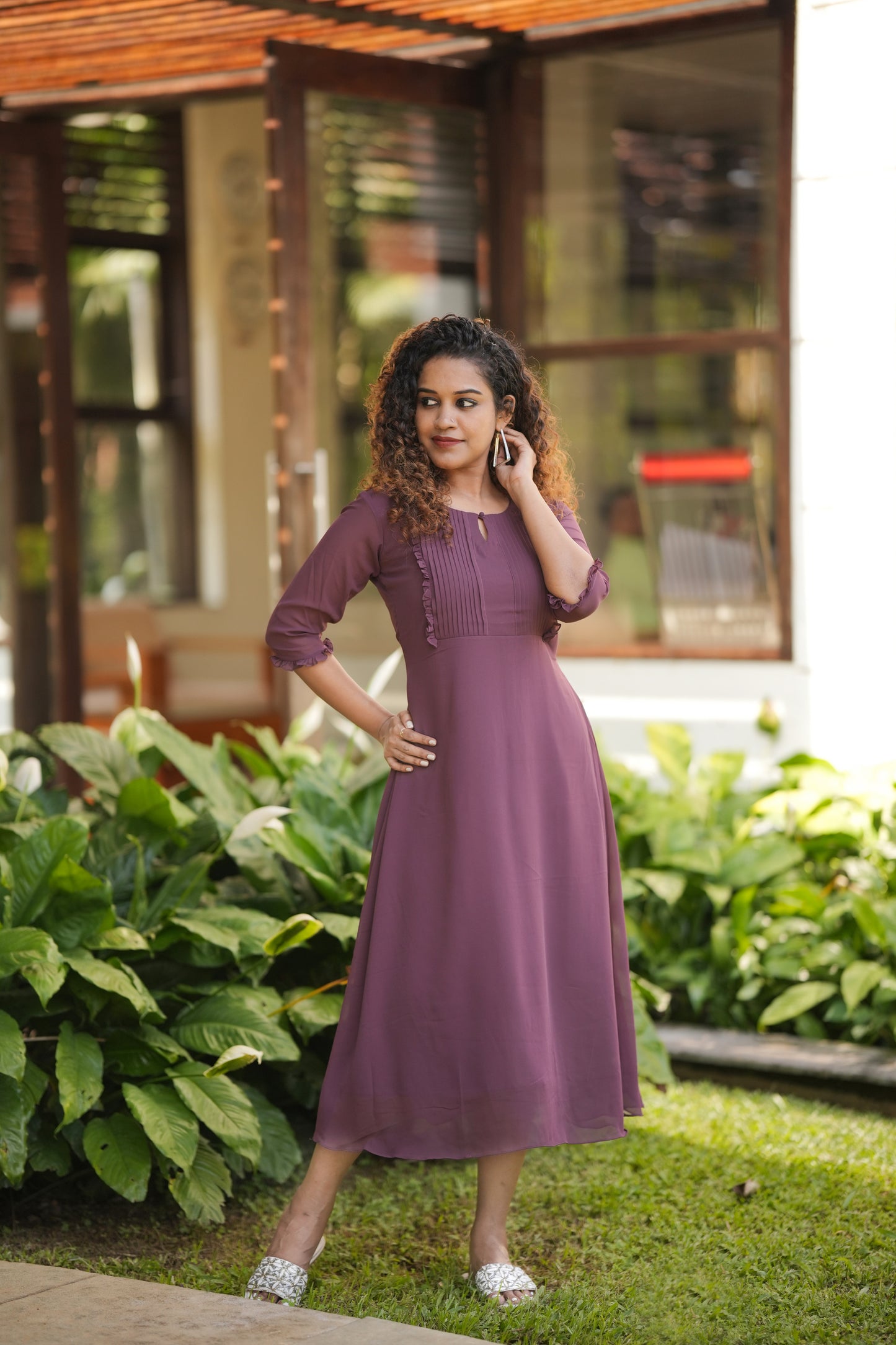 Dark Chocolate shaded Georgette Aline kurti with pleats and frills