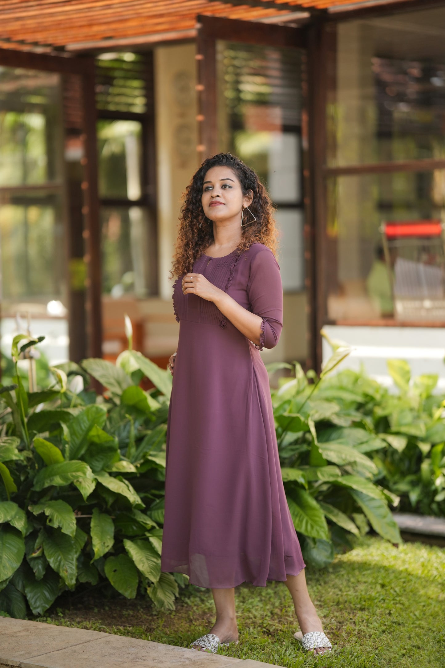 Dark Chocolate shaded Georgette Aline kurti with pleats and frills