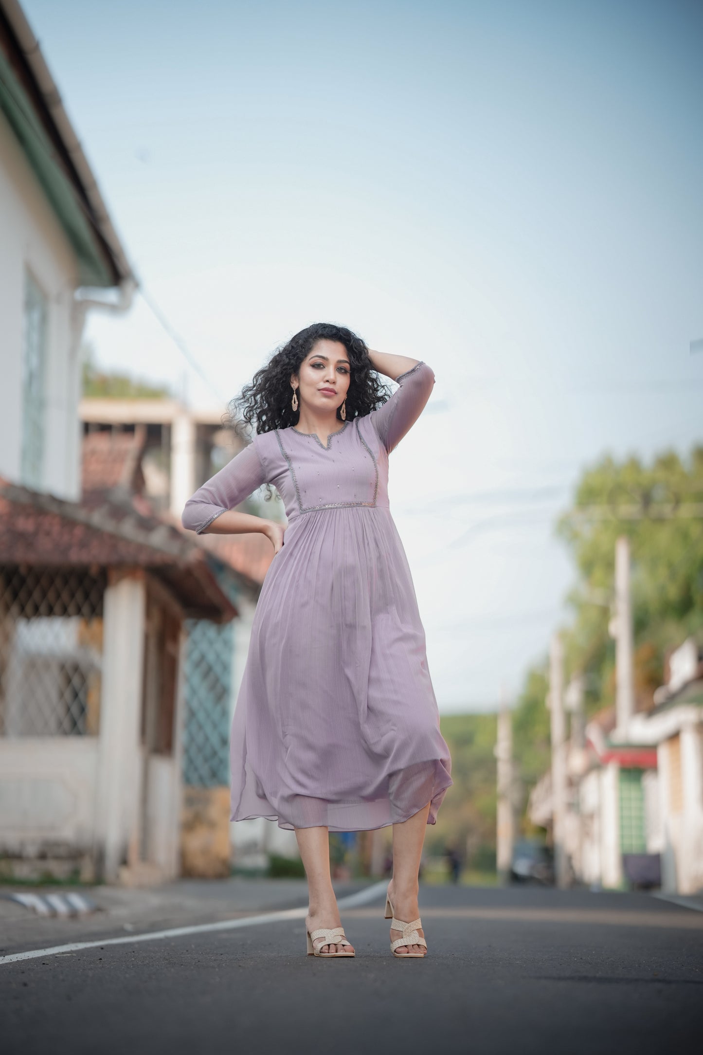 Lavender shaded self lined georgette Aline kurti with handworked yoke and gathers