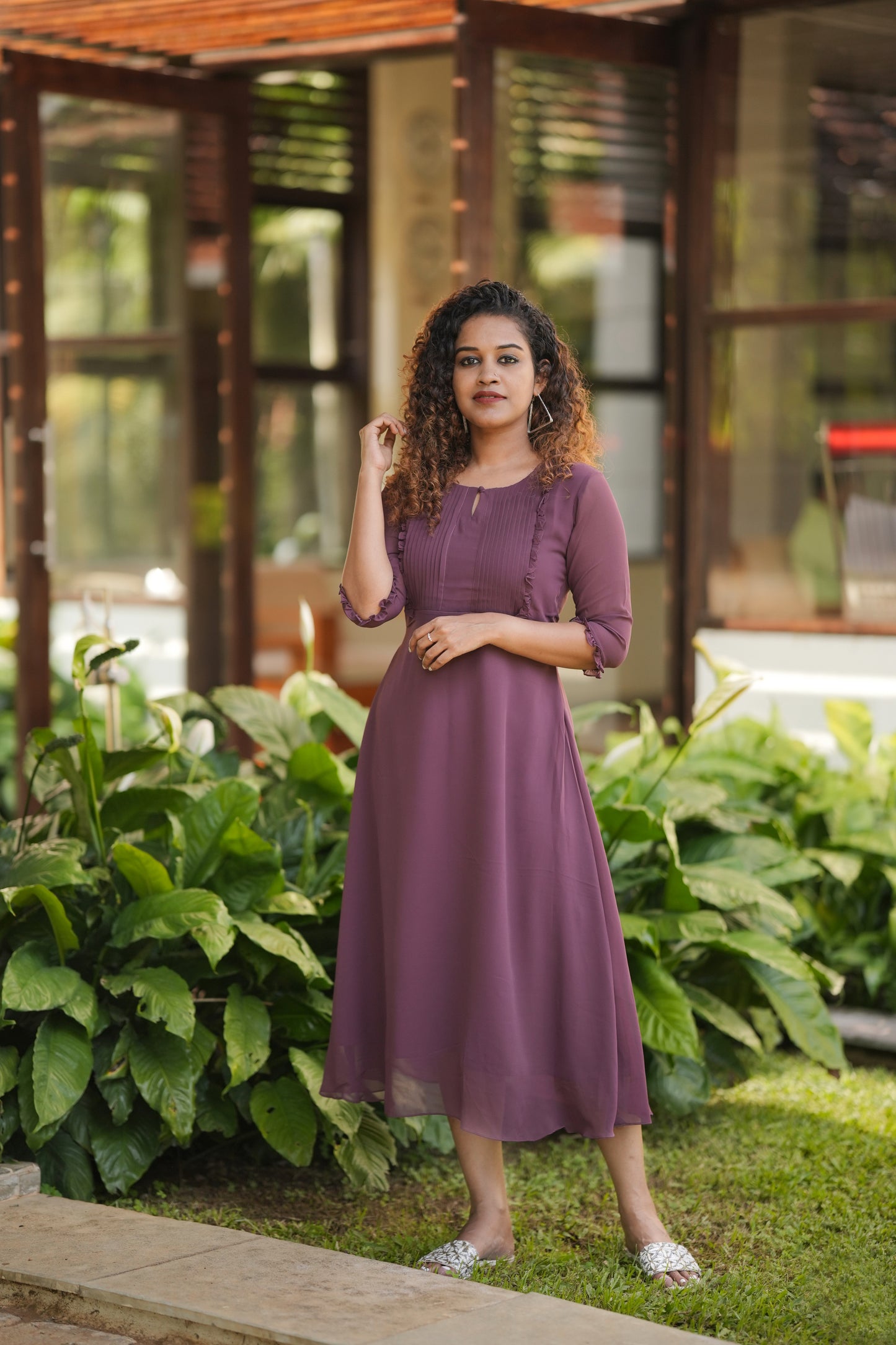 Dark Chocolate shaded Georgette Aline kurti with pleats and frills